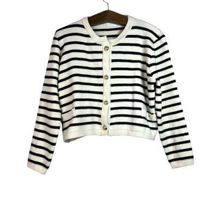 Vita Grace Cream Black Stripes Gold Button Classic Preppy Cardigan Sweater